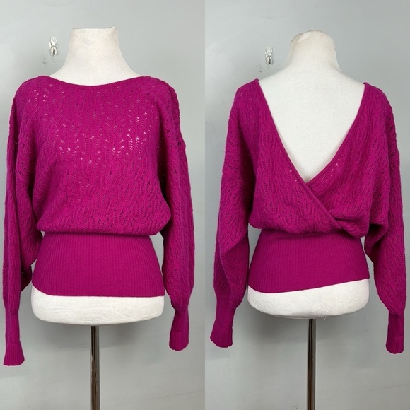 Pink Fuchsia Wool Rabbit Fur Open Back Pointelle Sweater Sz S - Picture 1 of 11